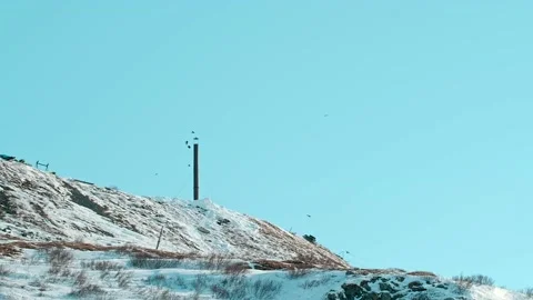 Ravens fly over black pillar silhouette on brown hill top Video stock 132290519