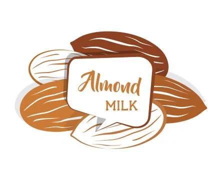 Raw almond nut set in various color. almond milk in speech bubble. flat style Stock Illustration