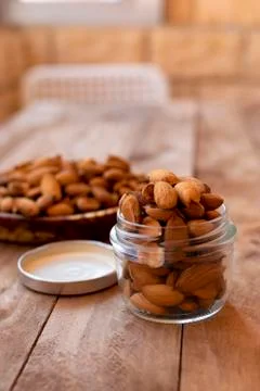 Raw almonds inside a pot, Stock Photos