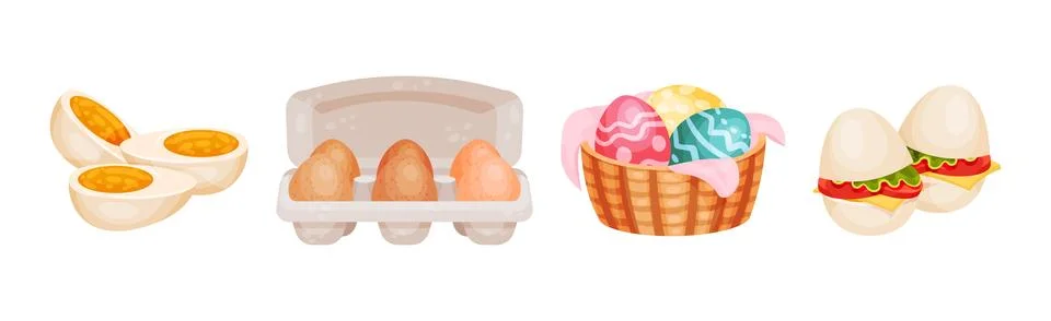 Raw and Boiled Egg in Pack and Cut Halves Vector Set Stock Illustration