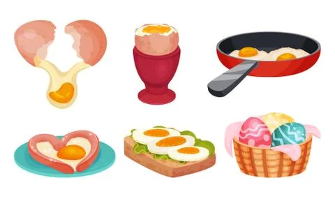 Raw and Cooked Egg with Easter Eggs in Basket and Scrambled Egg on Frying Pan Stock Illustration