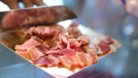 Raw Bacon Slices Rotating Background. Pork Meat with Glistening Fat Marbled Stock Footage 303728184