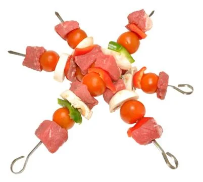 Raw Beef And Vegetable Kebabs Stock Photos