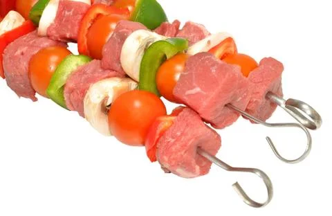 Raw Beef And Vegetable Kebabs Stock Photos
