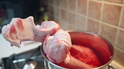 Raw beef bone with blood and cartilages for domestic pets dental health, bone Stock Footage 345147778