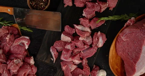 The raw beef cut into pieces rotates. Stock Footage 139154905