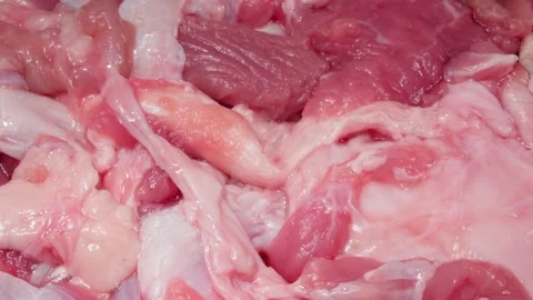 Raw beef cuts. Pieces close up. 4K video. Super macro. Видео 140816459