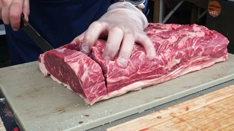 Raw beef meat is cut 스톡 동영상 181445767