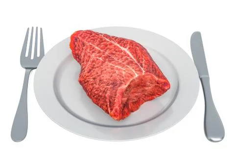 Raw beef on plate with fork and knife, 3D rendering Stock Illustration