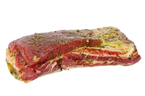 Raw beef ribs marinated isolate. Beef meat marinated. Stock Photos