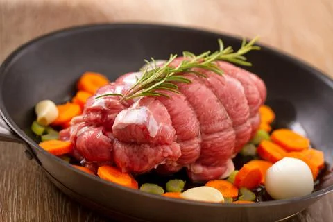 Raw Beef Roast in a Pan . High quality photo. Stock Photos