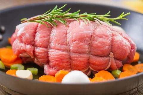 Raw Beef Roast in a Pan . High quality photo. Stock Photos