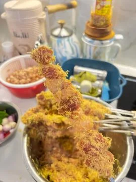 Raw Beef Satay with Grated Coconut Seasoning Serundeng Stock Photos