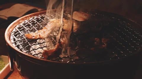 Raw beef slice for barbecue or Japanese style yakiniku Stock Footage 343614171