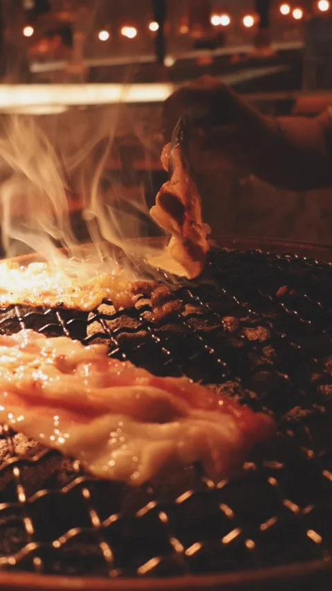 Raw beef slice for barbecue or Japanese style yakiniku Stock Footage 343614206