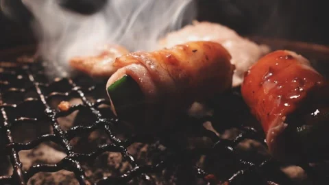 Raw beef slice for barbecue or Japanese style yakiniku Stock Footage 343614596