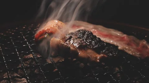 Raw beef slice for barbecue or Japanese style yakiniku Stock Footage 343614680