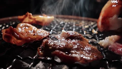 Raw beef slice for barbecue or Japanese style yakiniku Stock Footage 343615087