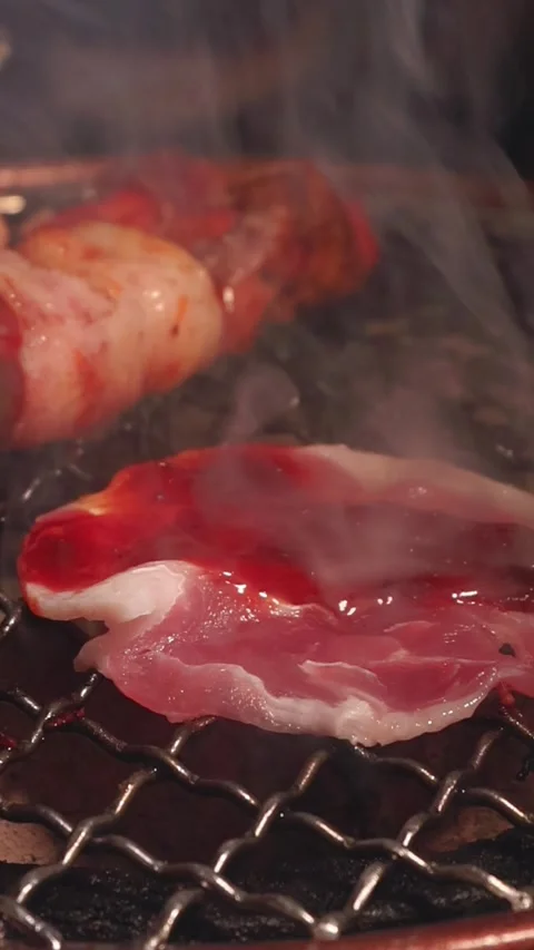 Raw beef slice for barbecue or Japanese style yakiniku Stock Footage 343615489