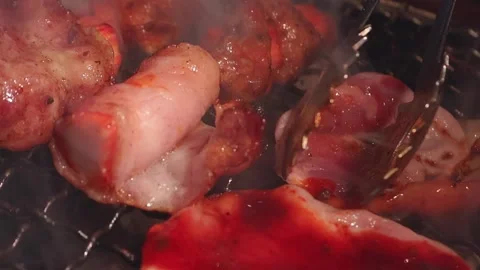 Raw beef slice for barbecue or Japanese style yakiniku Stock Footage 343615499