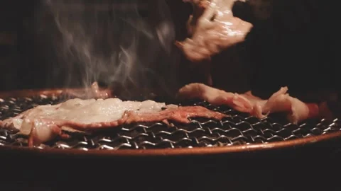 Raw beef slice for barbecue or Japanese style yakiniku Stock Footage 343615655
