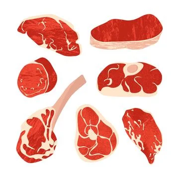 Raw beef steak cuts. Butcher meat products, flat cartoon sirloin tenderloin Stock Illustration