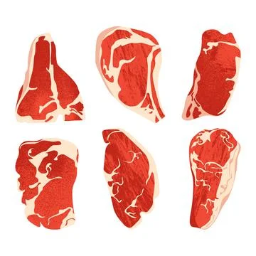 Raw beef steak elements. Flat cartoon uncooked meat products, angus sirloin Illustrazione stock