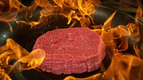 Raw Beef Steak Falling on Frying Pan with Flames. Stock Footage 304505690
