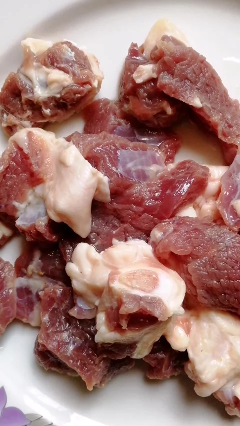 Raw beef steak meat. Delicious red loin chops in the grocery market Stock Footage 294198982