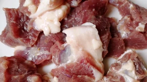Raw beef steak meat. Delicious red loin chops in the grocery market Stock Footage 294199213