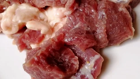 Raw beef steak meat. Delicious red loin chops in the grocery market Stock Footage 294199220