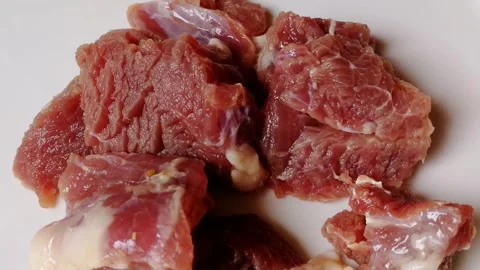 Raw beef steak meat. Delicious red loin chops in the grocery market Stock Footage 294199221