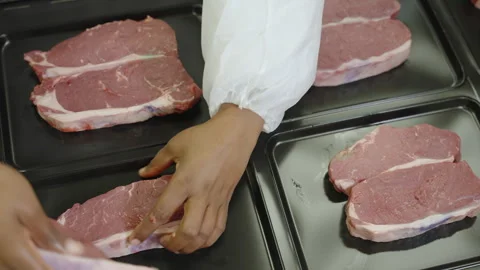 Raw Beef Steaks Laid Out in Black Plastic Retail Trays Stock Footage 341308830