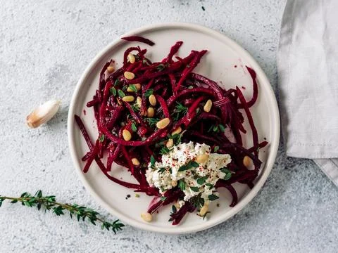 Raw beetroot noodles or beet spaghetti salad 스톡 사진