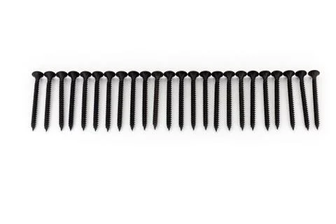 A raw of black average size screws on white background Stock Photos