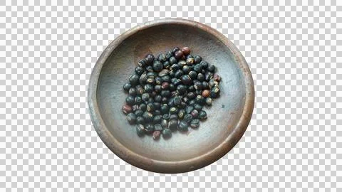 Raw Black Gram Beans In Rustic Clay Mortar Fotos de archivo