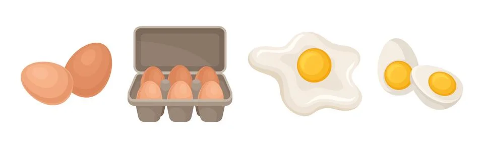Raw, Boiled and Scrambled Egg with Yolk and Shell Vector Set Stock Illustration