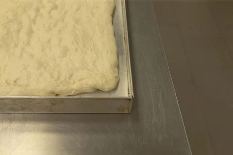 Raw bread dough spread in rectangular metal baking pan on stainless table top 스톡 사진