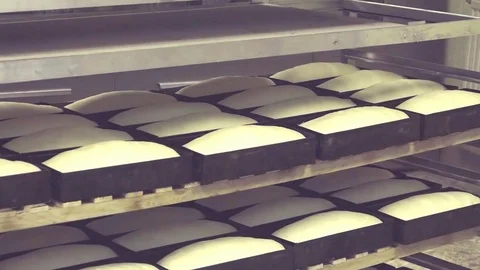 Raw bread loaves in shelves before baking at bakery HD slow-motion video Stock Footage 74727667