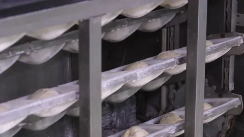 Raw bread moves along the conveyor belt in the bakery. Video stock 142710545