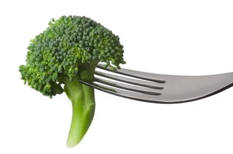 Raw broccoli on a fork Stock Photos