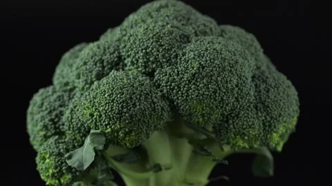 Raw broccoli head rotating over black background. Video stock 276186946