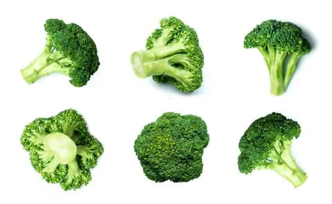 Raw broccoli pattern. Broccoli collection. Different sides of green fresh bro Stock Photos