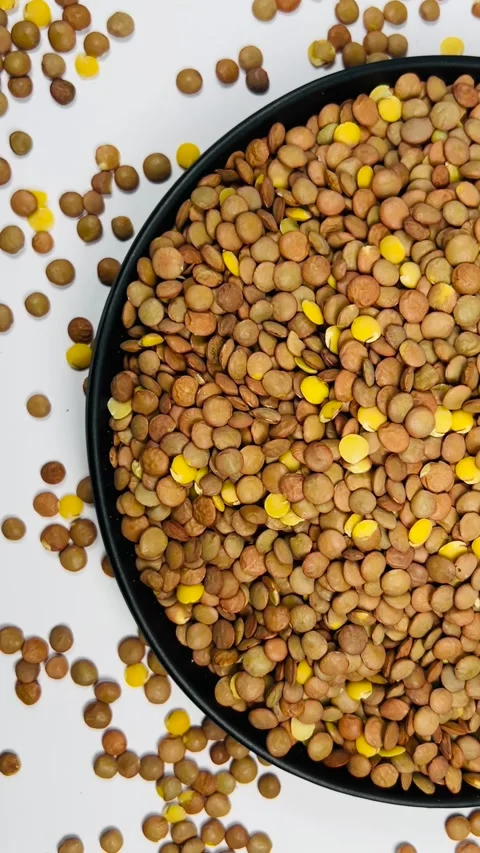 Raw brown lentils in dark plate, white background, vertical format, top view Stock Footage 336471837