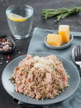 Raw buckwheat risotto with chicken meat and rosemary 스톡 사진
