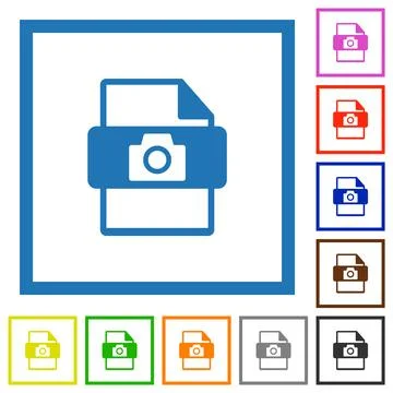 Raw camera file type flat framed icons 스톡 일러스트