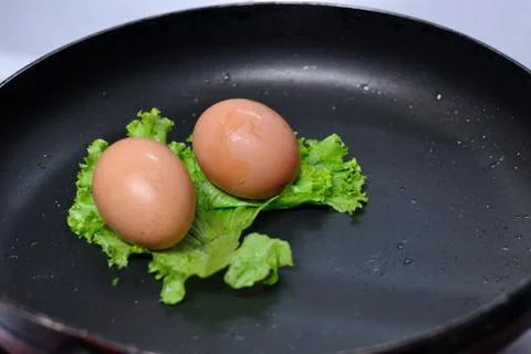 Raw chicken egg in pan, conception. Stock Photos