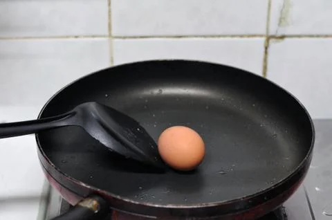 Raw chicken egg in pan, conception. Stock Photos
