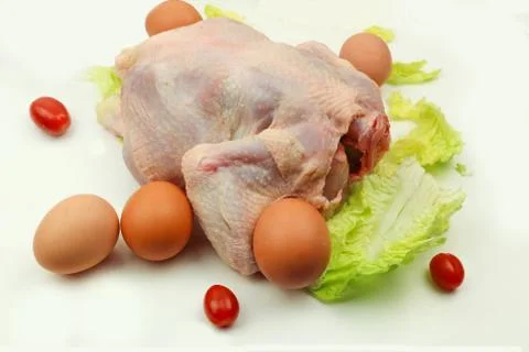 Raw chicken with eggs on the white background Stock Photos