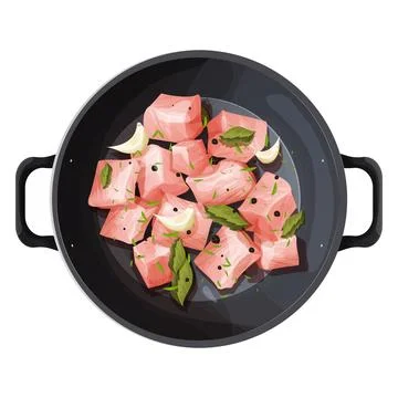 Raw chicken fillet chunks or turkey pieces in frying pan with spices, garlic and Stock Illustration